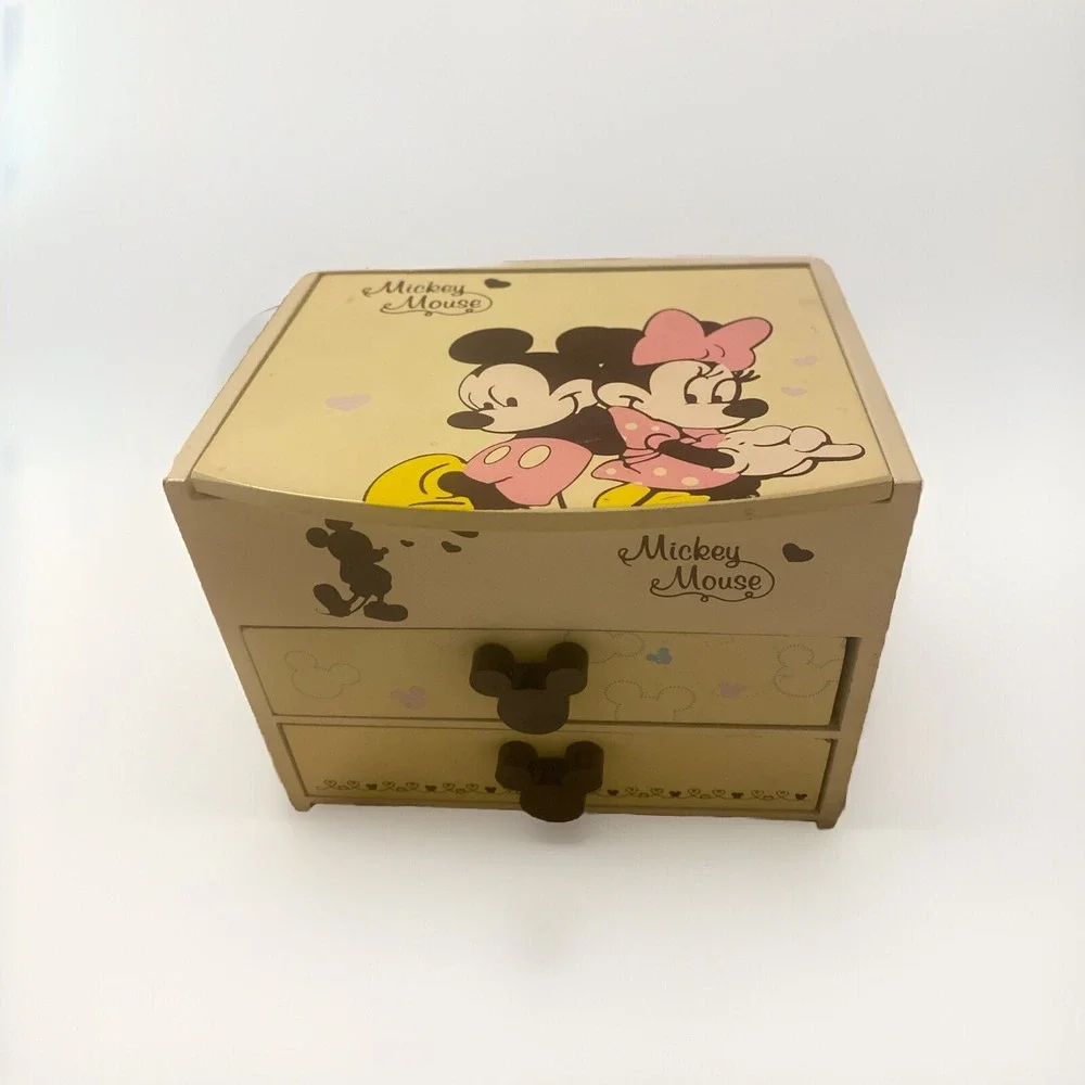 Vtg Disney Wood Mickey Mouse Mirror Jewelry Trinket Box RARE Mickey & Minnie‎
